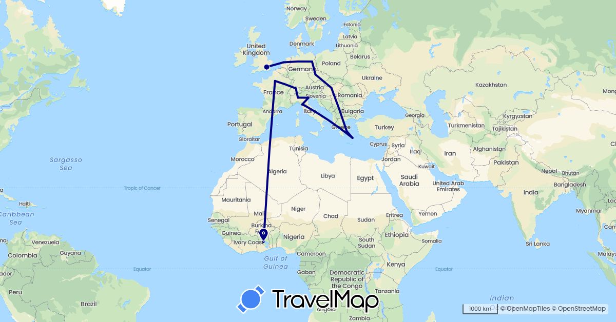 TravelMap itinerary: driving in Switzerland, Czech Republic, Germany, France, United Kingdom, Ghana, Greece, Hungary, Italy, Netherlands (Africa, Europe)